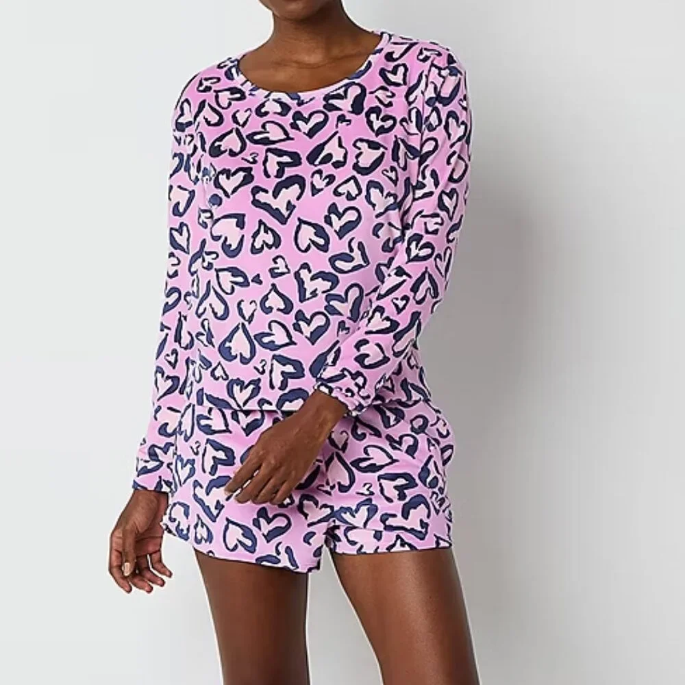 Pajamas - Velour XL XXL Set Top Shorts Pink Purple Hearts Pjs Lounge Sleep New